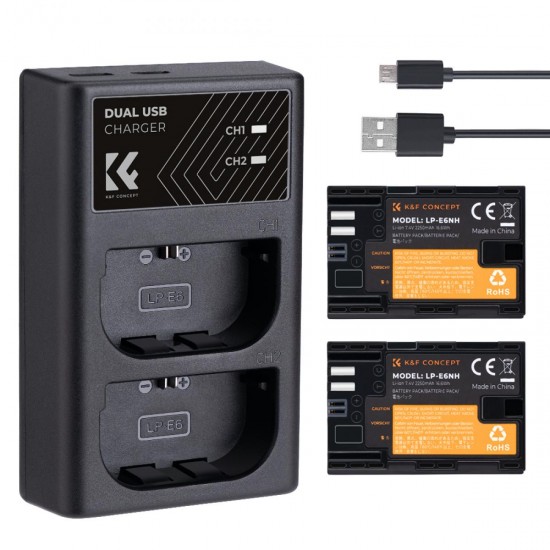 K&F Concept LP-E6NH Battery and Charger Pack - 2 Batteries + Dual Charger 2250mAh